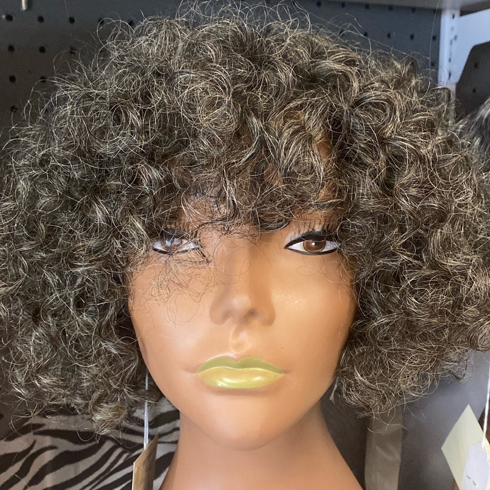 Salt and Pepper Grey Water Wave Curly Bob wig with bangs Human Hair 180% Den F12